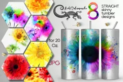 Watercolor rainbow Flowers | 8 Skinny Tumbler Sublimation Product Image 1