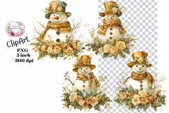 Christmas, Snowman, Gold, Ephemera, PNG, watercolor, Clipart Product Image 1