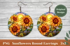 Stained Glass Sunflowers Round Earrings, Flowers Sublimation Product Image 1