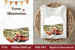 Red Farm Truck Illustration, Watercolor Fall Pumpkins PNG Product Image 1