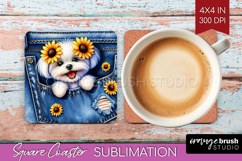 Denim Square Coaster - Dog In Pocket Coaster PNG Sublimation Product Image 1