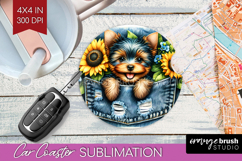 Denim Car Coaster - Dog In Pocket Coaster PNG Sublimation Product Image 1