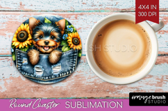 Denim Round Coaster - Dog In Pocket Coaster PNG Sublimation Product Image 1