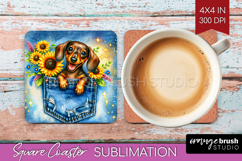Denim Square Coaster - Dog In Pocket Coaster PNG Sublimation Product Image 1