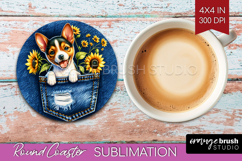 Denim Round Coaster - Dog In Pocket Coaster PNG Sublimation Product Image 1