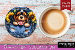 Denim Round Coaster - Dog In Pocket Coaster PNG Sublimation Product Image 1