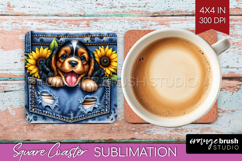 Denim Square Coaster - Dog In Pocket Coaster PNG Sublimation Product Image 1