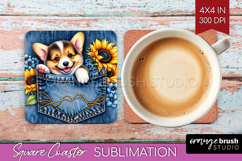Denim Square Coaster - Dog In Pocket Coaster PNG Sublimation Product Image 1