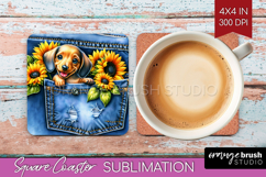 Denim Square Coaster - Dog In Pocket Coaster PNG Sublimation Product Image 1