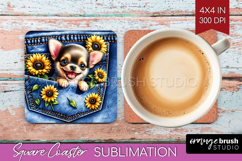 Denim Square Coaster - Dog In Pocket Coaster PNG Sublimation Product Image 1