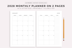 2028 Monthly Planner Printable, Dated Month on 2 Pages Product Image 1