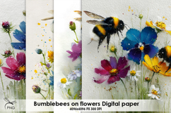 Bumblebees on flowers digital paper, background clipart Product Image 1
