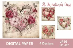 St Valentine's Day Digital Paper, floral heart love decor Product Image 1