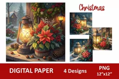 Christmas holiday digital paper, flowers and glowing lantern Product Image 1