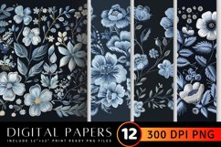 Dusty Blue Floral Embroidery Digital Paper Backgrounds Product Image 1