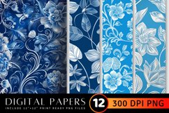 White Line on Blue Floral Digital Paper Backgrounds Product Image 1