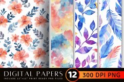 Watercolor leaf &amp; flowers Digital Paper Backgrounds Product Image 1
