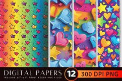 Funky Rainbow Stars Hearts Digital Paper Backgrounds Product Image 1