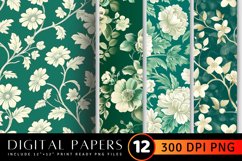 Ivory Floral on Emerald Digital Paper Backgrounds Product Image 1