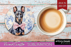 Doberman Pinscher Dog Round Coaster Blue Toile Coaster PNG Product Image 1