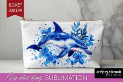 Dolphin Floral Cosmetic Bag Blue Flowers Makeup Bag PNG Product Image 1