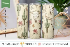 Western Skull Tumbler Wrap, Cactus Tumbler Sublimation PNG Product Image 1