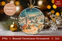 Christmas Village Ornament, Cute Winter Round Ornament Print Product Image 1