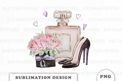 Watercolor Perfume with flowers and shoes Sublimation Product Image 1