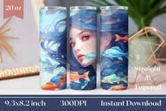 Blue Hair Mermaid Sublimation Design, Kawaii Mermaid Wrap Product Image 1