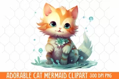 Adorable Cat Mermaid Clipart, Watercolor Clipart Product Image 1