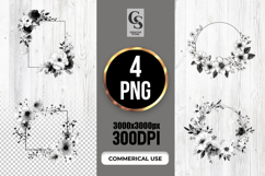 Black White Floral Frame Watercolor Clipart Sublimation PNG Product Image 1