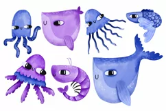 Cartoon underwater world and ocean bottom. Sea inhabitants Product Image 1