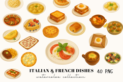 Italian &amp; French Food Watercolor Clipart Set 40 PNG Gourmet Product Image 1