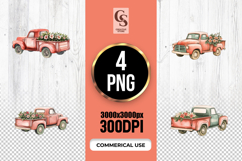 Watercolor Vintage Red Truck With Flowers Clipart PNG Product Image 1
