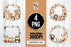 Watercolor Woodland Animal Wreath Clipart Sublimation PNG Product Image 1