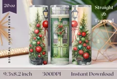 Christmas Tumbler Wrap Design, Watercolor Christmas Door PNG Product Image 1