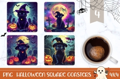 Neon Halloween Cat Square Coasters, Cartoon Black Cat PNG Product Image 1