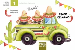 Cinco de mayo Dwarfs in a truck watercolor png Product Image 1