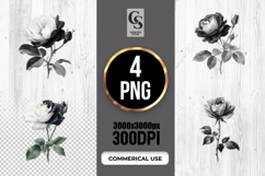 Black White Rose Flower Clipart Sublimation PNG Product Image 1