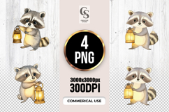 Cute Raccoon Lantern Watercolor Clipart Sublimation PNG Product Image 1