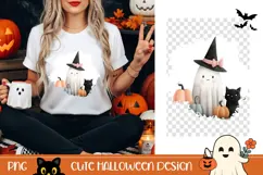 Halloween Ghost PNG, Cute Halloween Black Cat T-Shirt Product Image 1