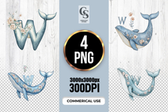 Floral Whale Alphabet Letter W Clipart Sublimation PNG Product Image 1