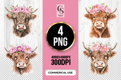Floral Highland Cow Clipart Sublimation PNG Product Image 1