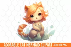 Adorable Cat Mermaid Clipart, Watercolor Clipart Product Image 1