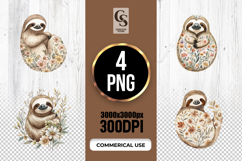 Floral Sloth Watercolor Illustration Clipart Sublimation PNG Product Image 1