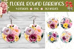 Watercolor Flowers Round Earring Print, Floral Earring PNG Product Image 1