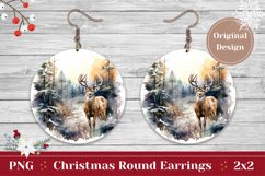 Christmas Round Earring, Watercolor Winter Deer Sublimation Product Image 1