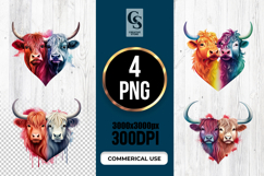 Colorful Highland Cow Heart Illustration Clipart PNG Product Image 1