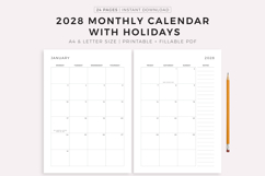 2028 Monthly Calendar with Holidays on 2 Pages, Printable Product Image 1