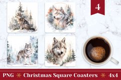 Christmas Square Coaster, Watercolor Wolf Sublimation Design Product Image 1
